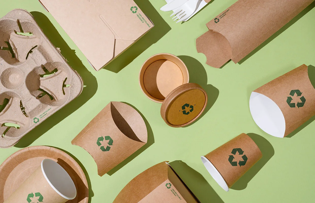Disposable eco-friendly packaging with a recycling sign