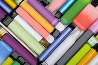 Synthetic nicotine concept. Various disposable electronic cigarettes