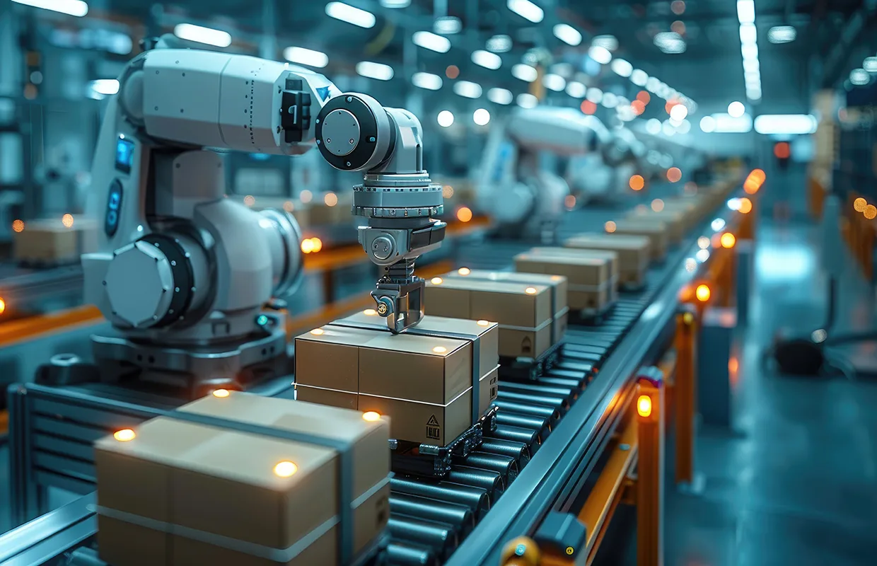 Advanced robotic arms automating the packaging line in a modern factory
