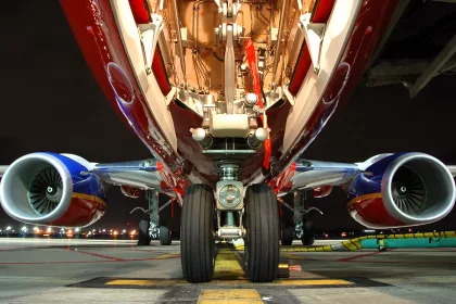 Airplane view from landing gear at night
