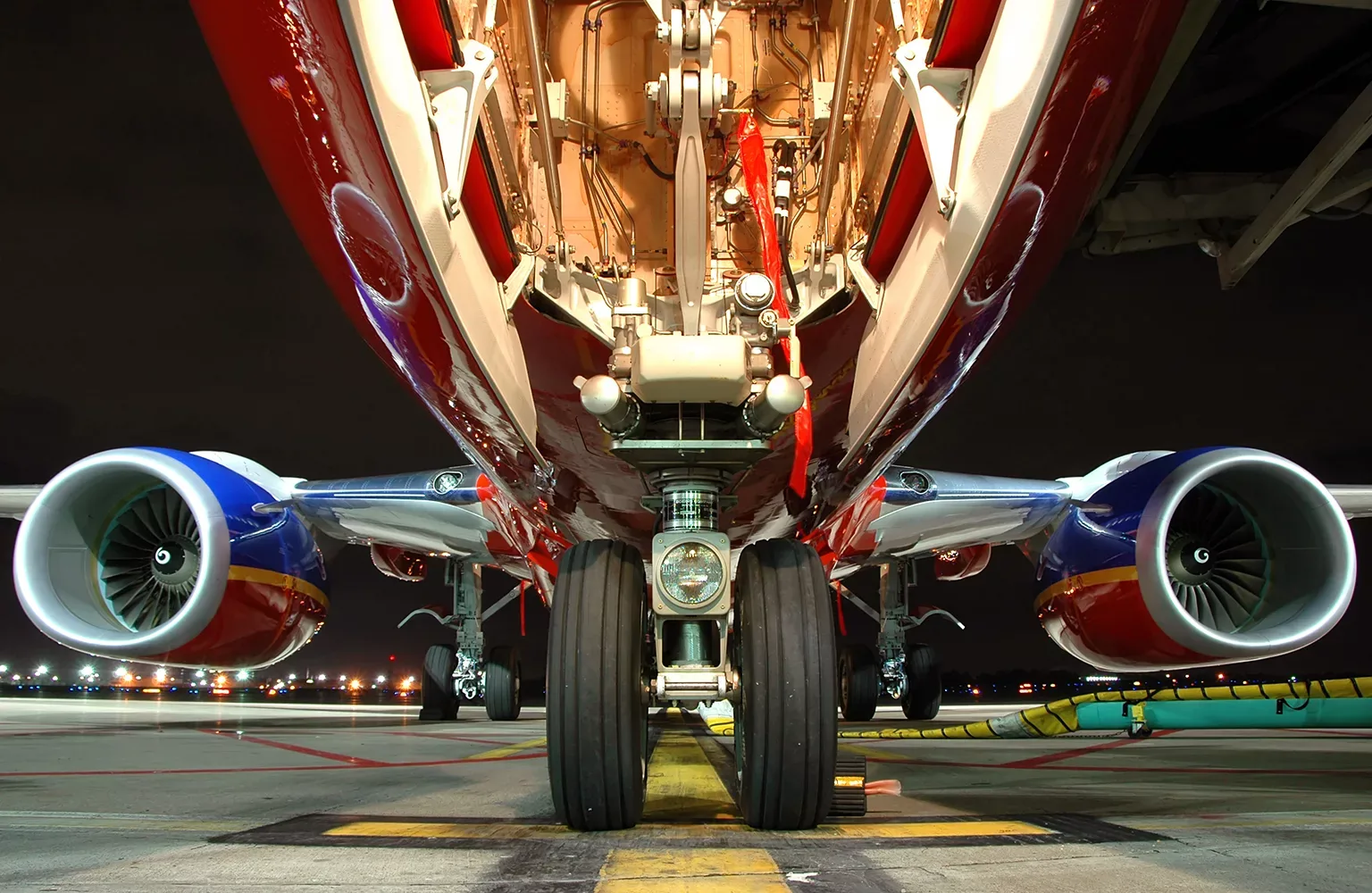 Airplane view from landing gear at night