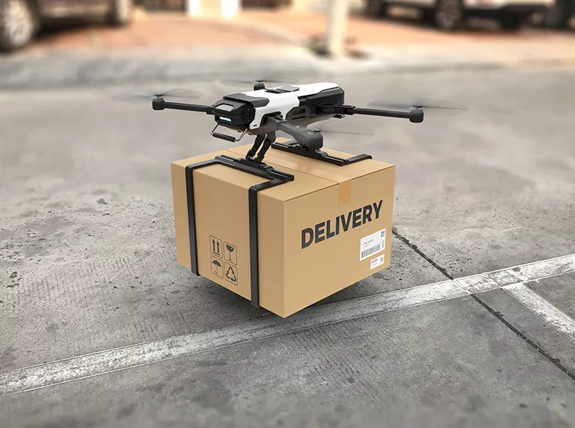 Delivery drone, Autonomous delivery robot, Business air transportation concept. 3D illustration